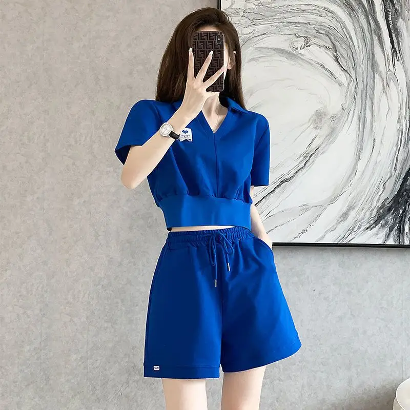 Eleganckie modne Harajuku Slim Fit ubrania damskie luźne Casual wszystkie dopasowane jednolite spodenki patchworkowe topy z krótkim rękawem dwuczęściowy zestaw