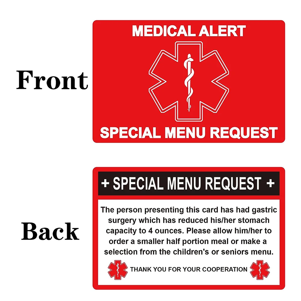 3*4 Inch Weight Loss Surgery (WLS) Card Red Bariatric Restaurant Card 2 Pack Special Menu Restaurant Request Plastic Card