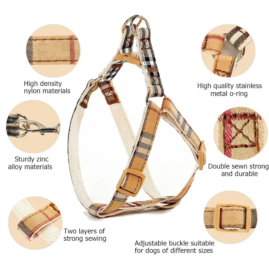 Cute Plaid Dog Collar Harness and Leash with Safety Buckle Adjustable and No Pull Comfortable Dog Collars for Small Puppy Styli