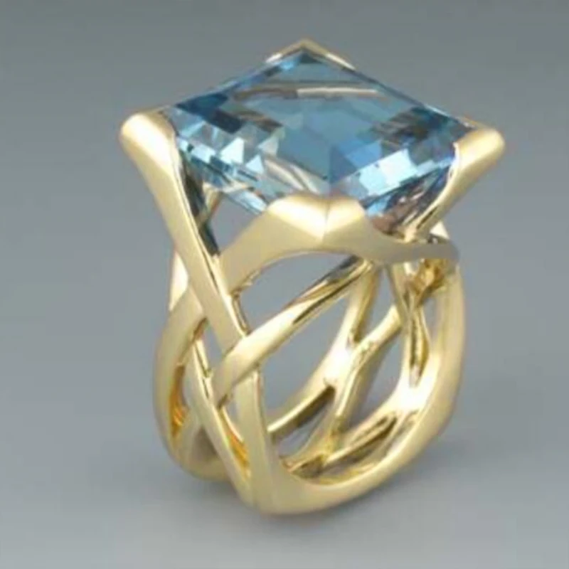 Huitan Ring mit hohlem Kreuz-Design für Damen, goldfarben, mit leuchtend weiß/blauem CZ, modisches Hochzeitszubehör, eleganter Partyschmuck – Detail 9