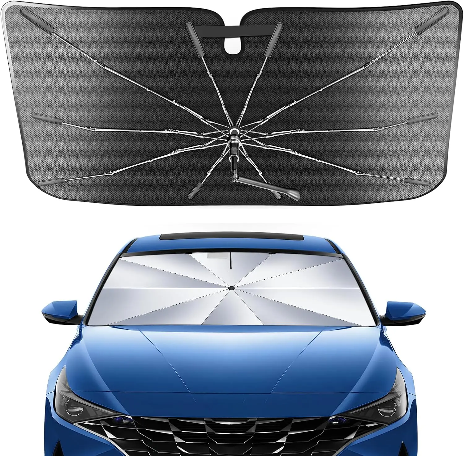 

Portable Hyundai Elantra 2021-2025 Windshield Sunshade Umbrella with Carry Bag, 2 in1 Ice Crystal Durable Compact Shade Umbrella