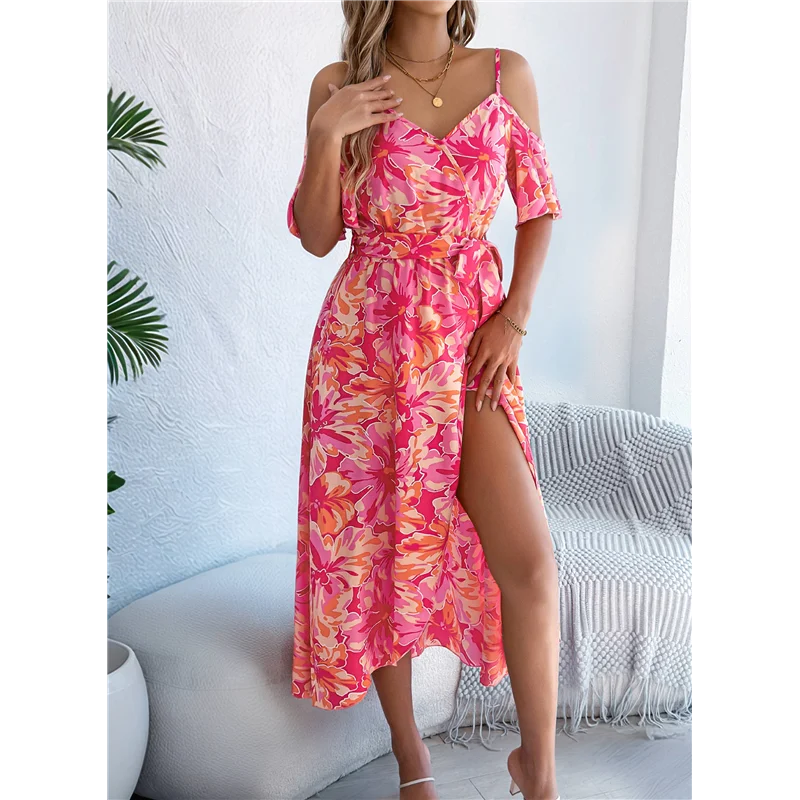 【SEE】Maxi Dresses For Women 2025 Summer Boho Cold Shoulder Suspender V Neck Dress Casual Split Thigh Flowy Long Dress