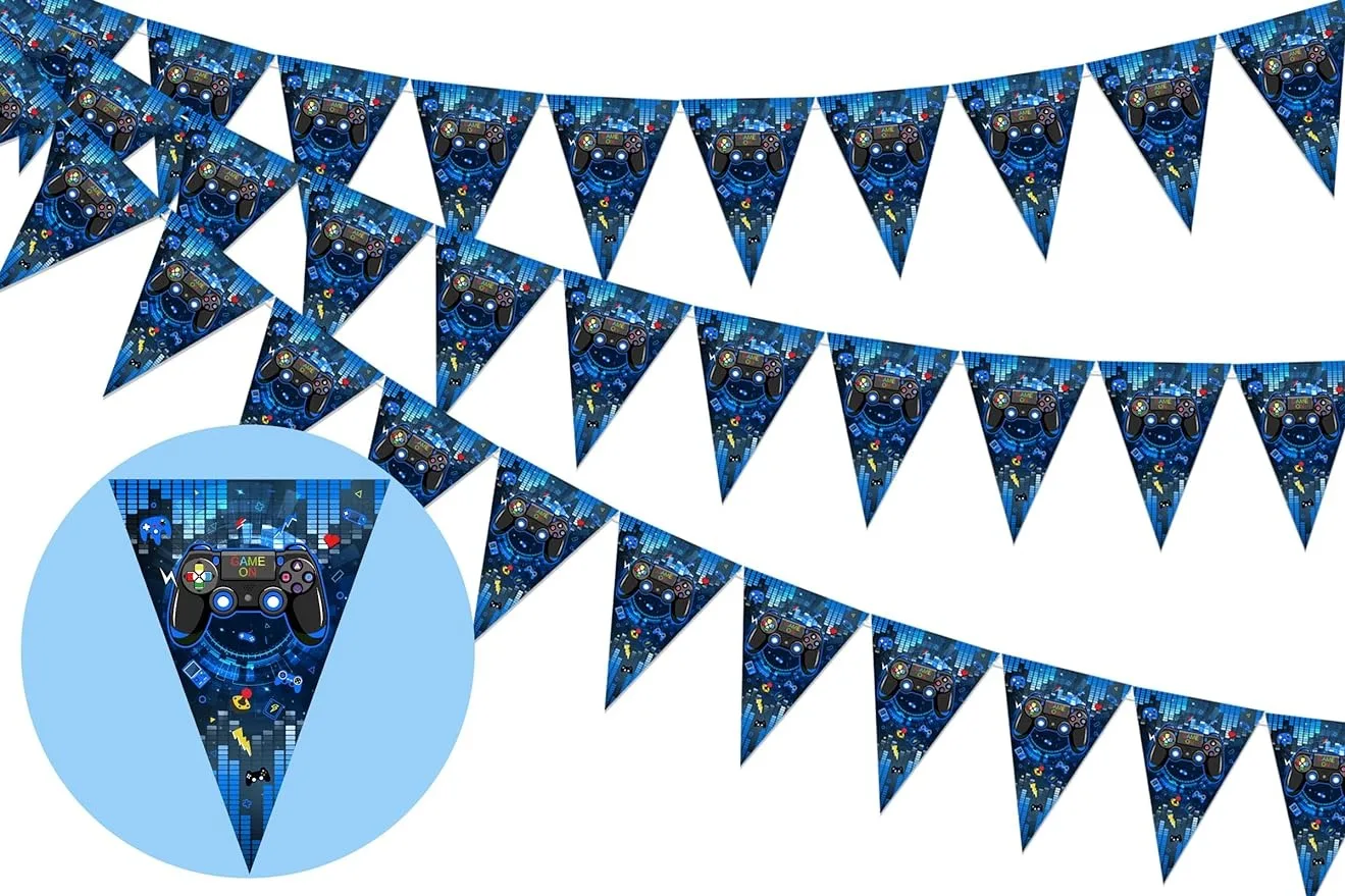 Cheereveal Game Themed Birthday Universal Blue Triangle Flag Single Selling Set,Gamer Birthday Party Supplies