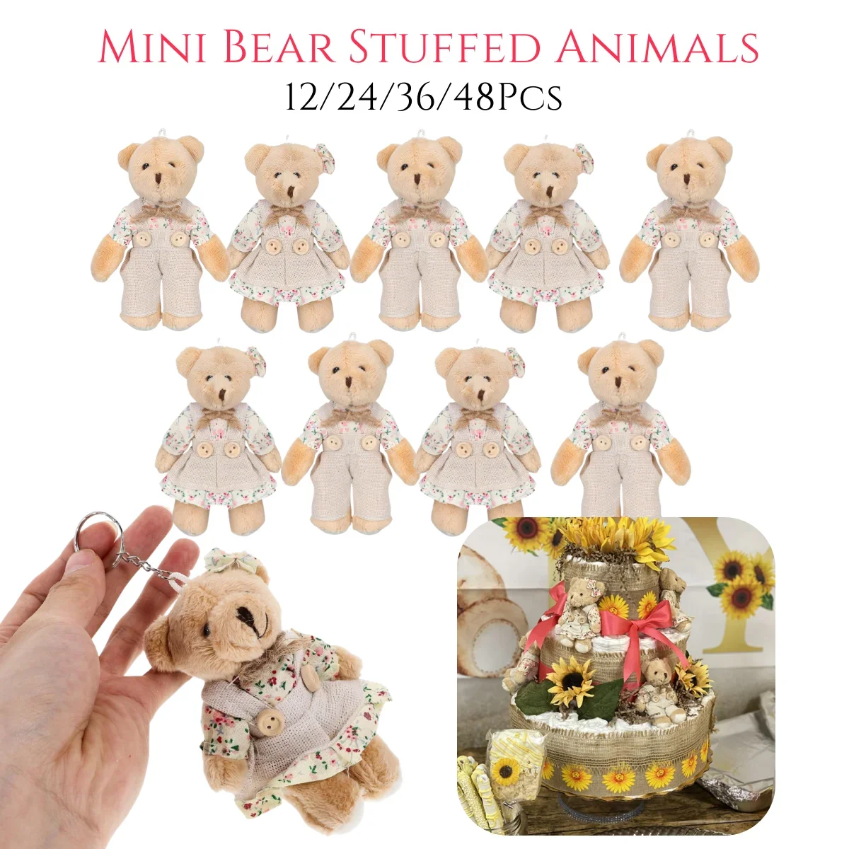 12-48 יחידות דובון מיני ממולא דובים רכים זוג דובים עם בורלאפ בגדים דובון קטן צעצוע למסיבת רחם לתינוק