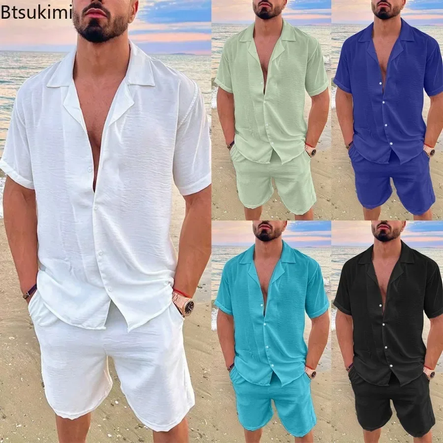 Nuevos conjuntos de lino y algodón de verano 2025 para hombre, conjuntos de camisas y pantalones cortos con solapa de manga sólido corto, conjuntos de ropa hawaiana para vacaciones en la playa para hombre