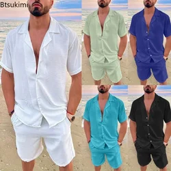 Novo 2025 conjuntos de linho algodão masculino verão sólido manga curta lapela camisas e shorts conjuntos homem havaiano praia férias conjuntos roupas