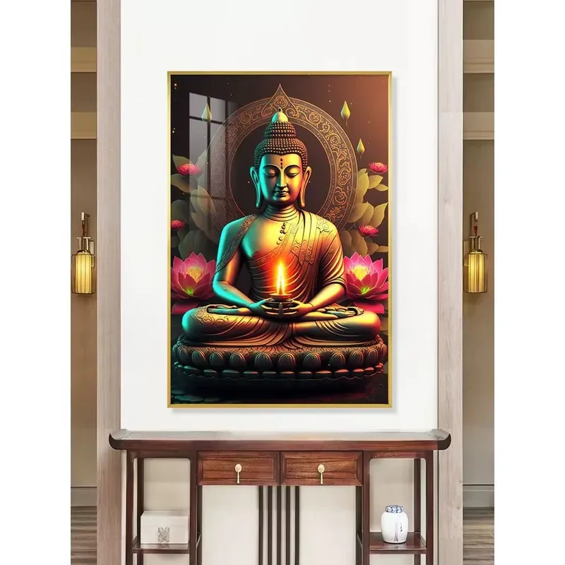 Gold Frame Buddha Wall Art Painting Serene Lotus Statue Decorative Zen Living Room Home Decoration Modern Religious Canvas