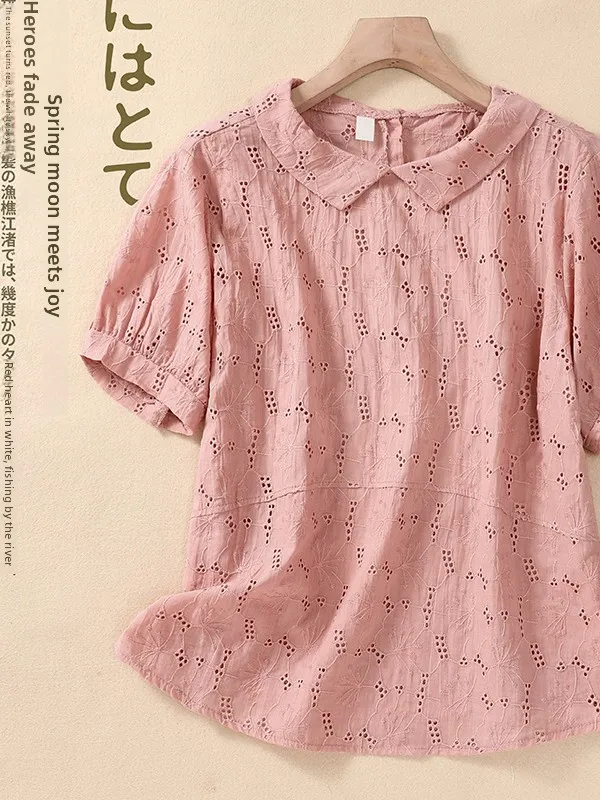 

Retro Cotton Linen Doll Collar Shirt Women's Summer Loose Fit Short Sleeve Hollow out T-Shirt Artistic Commute Style Pure Color