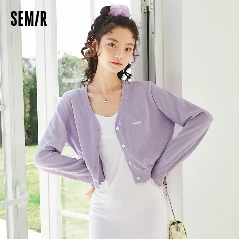 Semir Knitwear Women Bm Style Short Cardigan 2022 Spring And Autumn New V-Neck Loose Purple Sweater Outerwear Women\'S Clothing