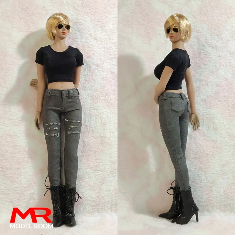 1/6 Scale Female Black T-shirt Hole Skinny Jeans Fashion Clothes Model Fit 12'' Soldier Small Feet Action Figure Body Dolls