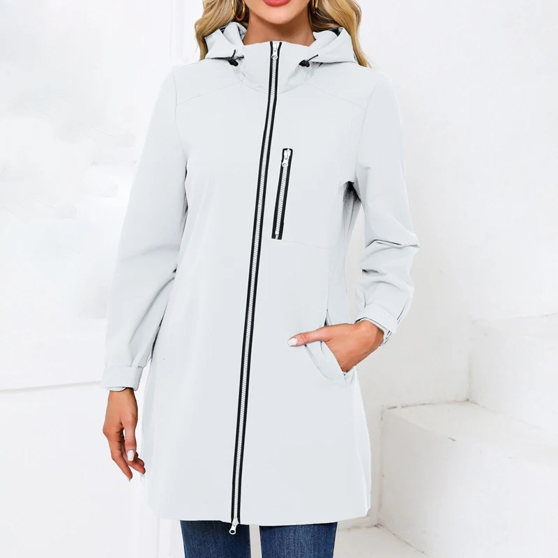

Women's Water-Repellent Hooded Windbreaker Casual Loose Solid Long Sleeve Outdoor Sports Trench Coat Spring Autumn Jacket