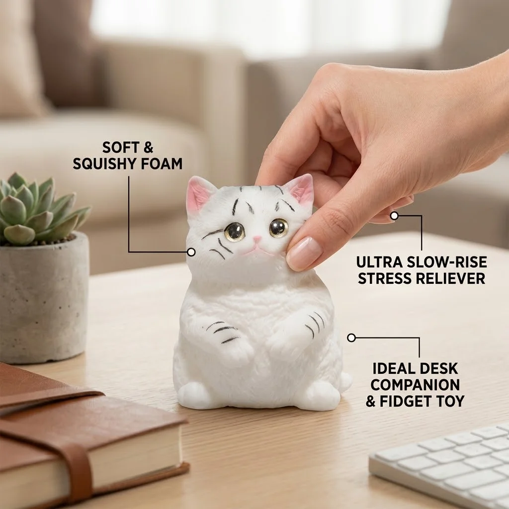 Cute Cat Squeeze Toy, White Kitty Squishy Fidget, Kawaii Sensory Stress Relief Toy, Satisfying Squish, Desk Decor