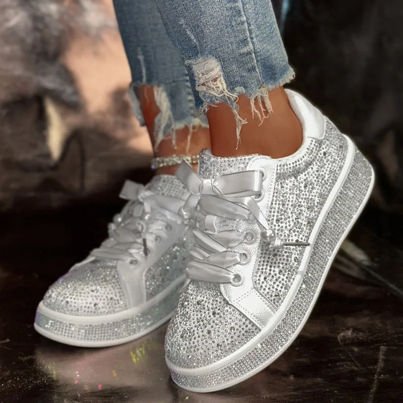 Women's Platform Shoes Shine Casual Outdoor Blingbling Design Skateboard Breathable White Sneakers Tennis Sport Shoes Female 43 view 5