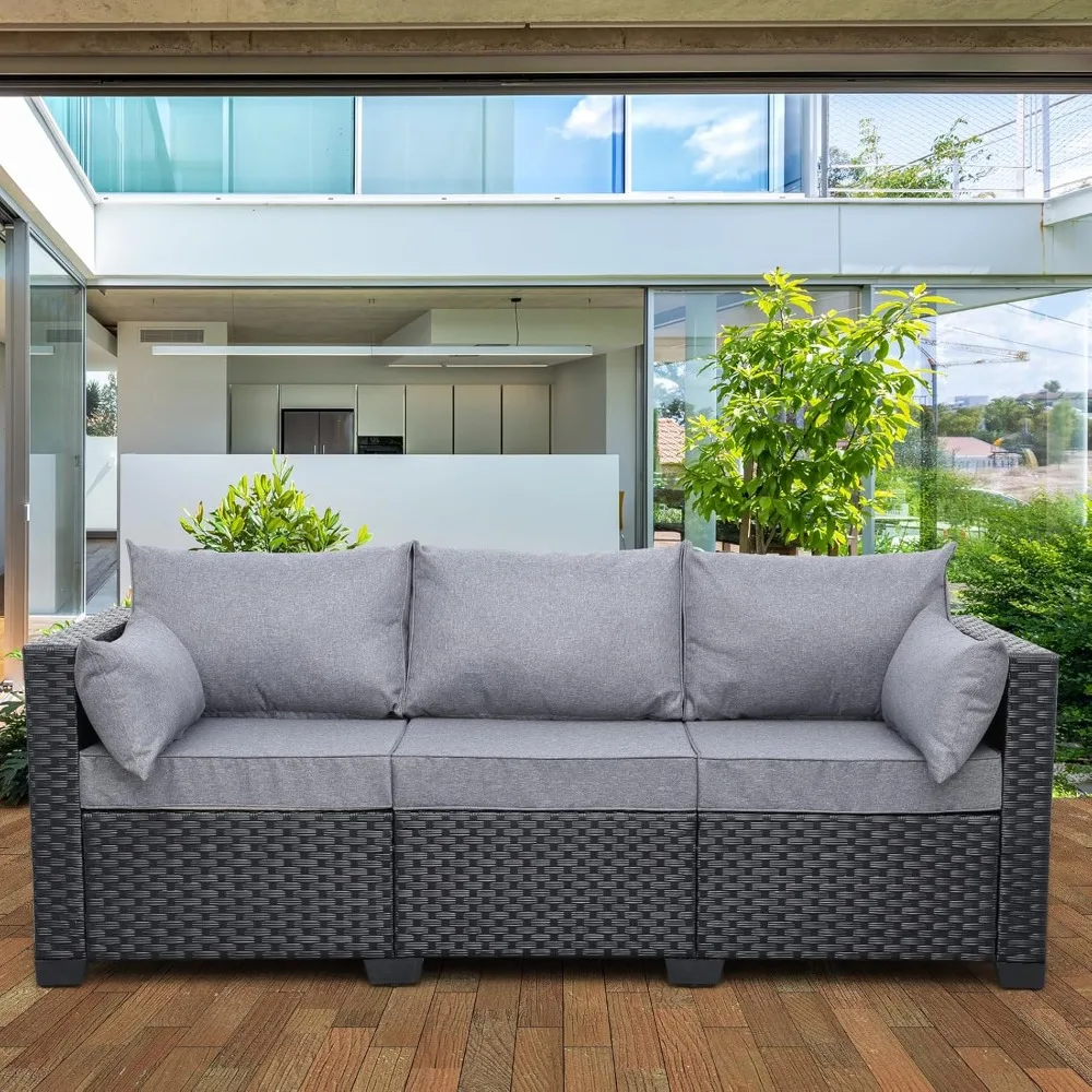 3 مقاعد في الهواء الطلق أريكة الروطان فناء الأريكة الأسود PE الخوص Loveseat الجلوس الأثاث مع وسائد مزيج رمادي قابل للغسل