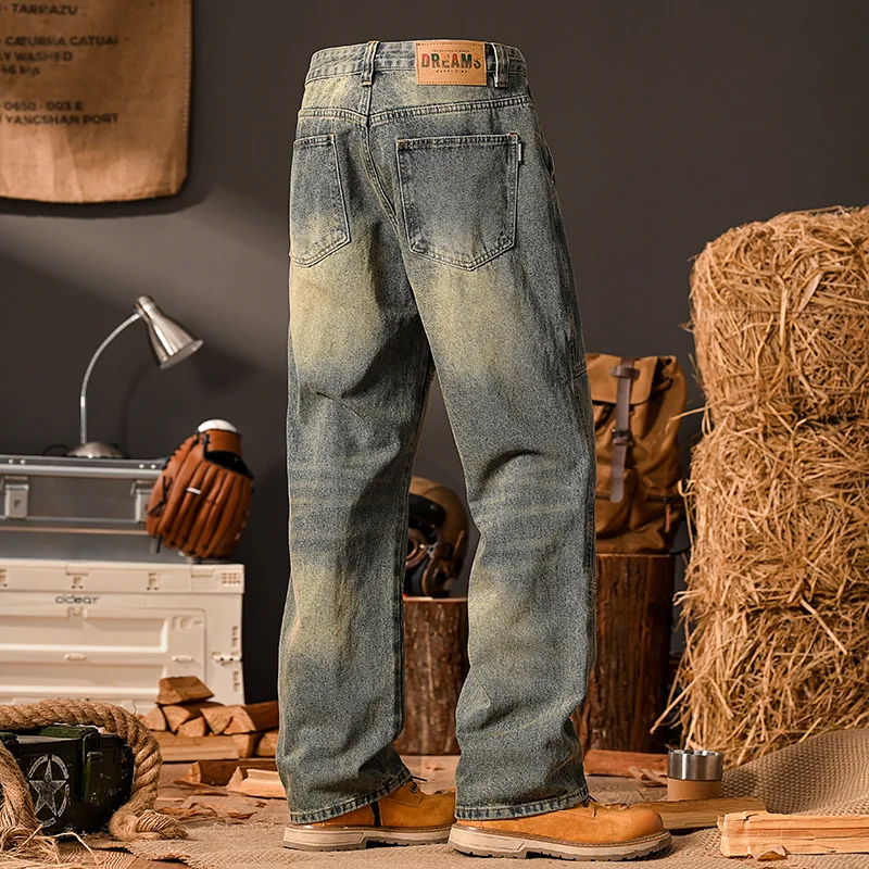 Retro vintage loose straight leg jeans for men's street fashion trend Korean version high-end wide leg pants