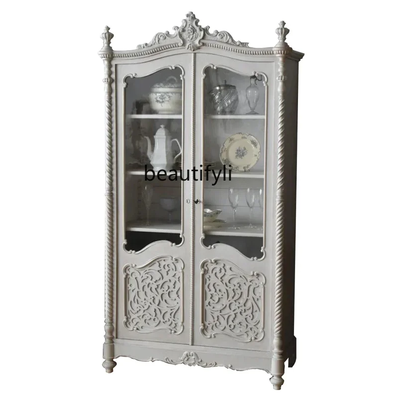 xx1French solid wood dining side cabinet, European carved Roman column storage display cabinet, living room retro bookcase