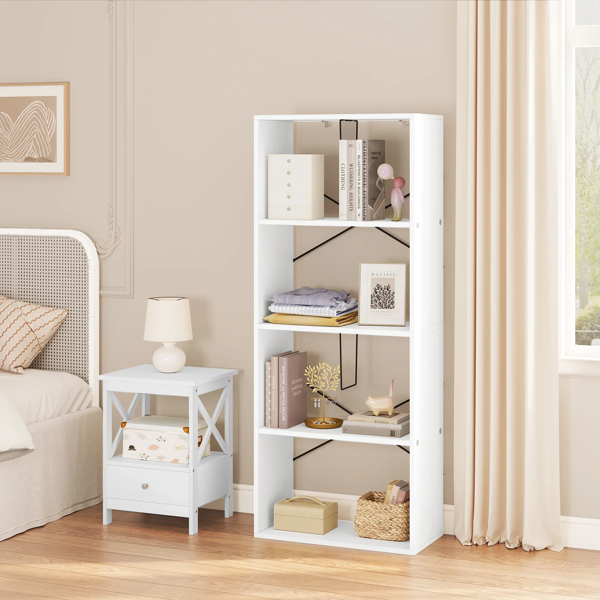 WOLTU Bücherregal, Schutz, DVD-Vitrine, weißes Bücherregal mit 4-stufigem Standregal für Wohnzimmer, Büro, Schlafzimmer