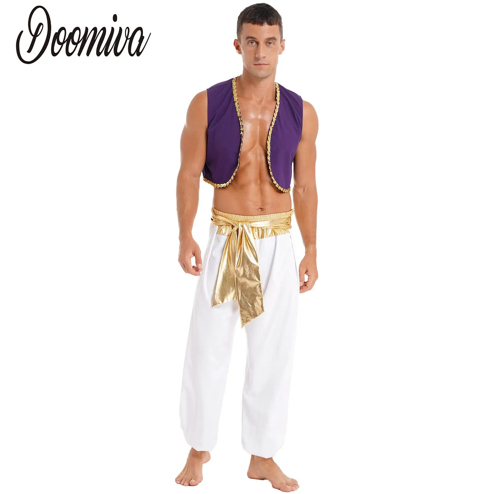 

Adult Mens Arabian Prince Dress-up Costume Street Waistcoat Top with Harem Pants Set Halloween Carnival Party Stage Dancewear