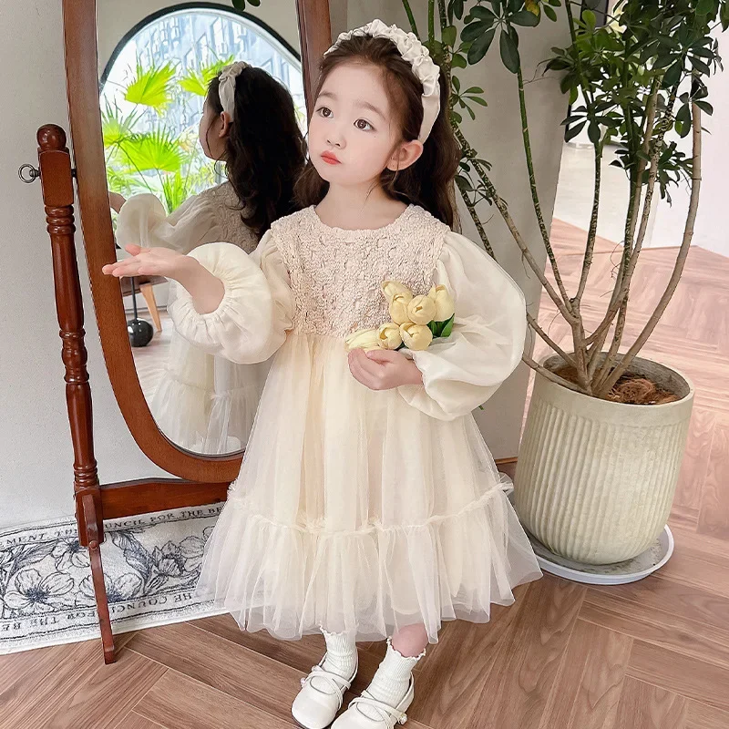 Childrens Clothing 2024 Fashionable Sweet Bubble Sleeve Princess Skirt Childrens Fashionable Long Sleeved Dress