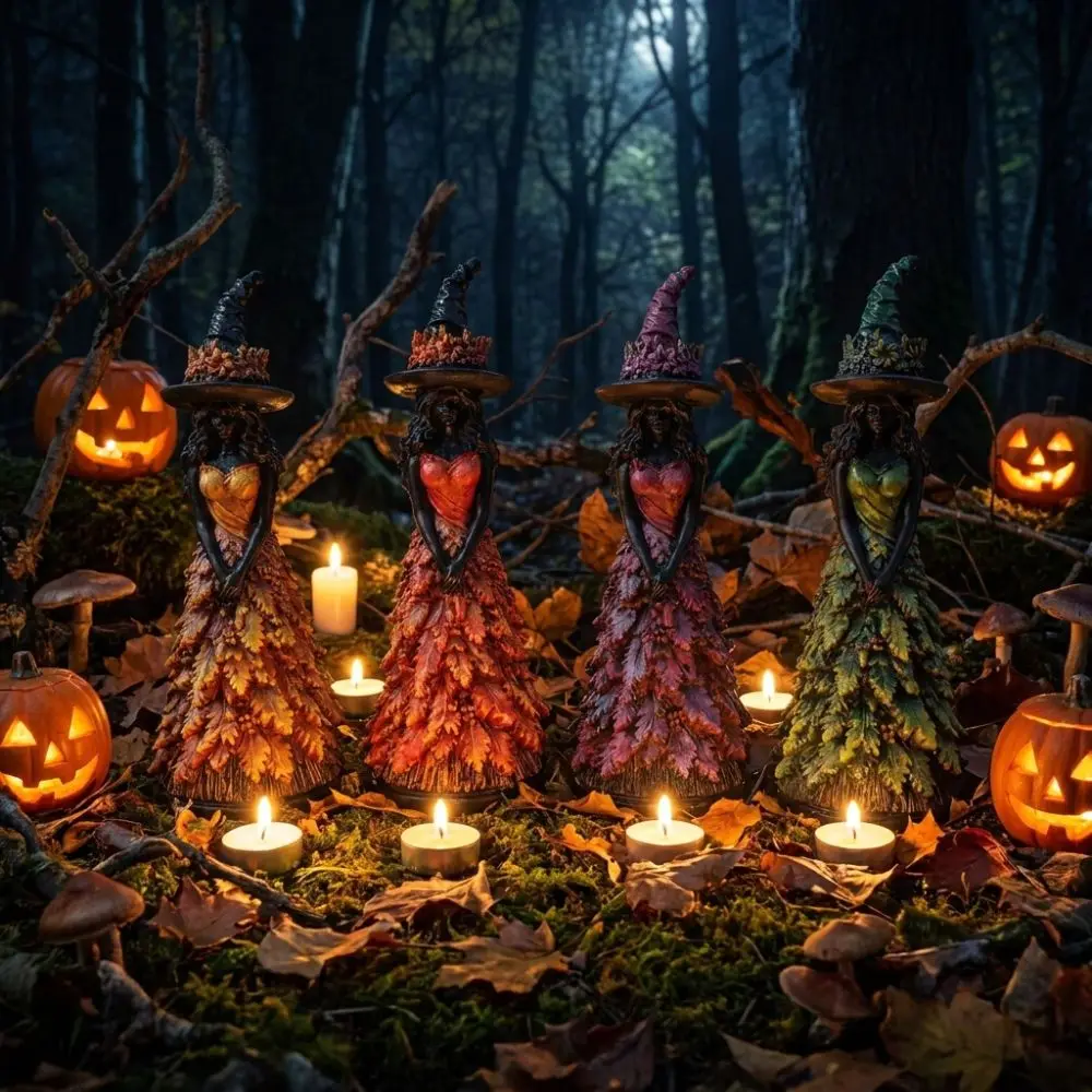 Vintage Autumn Witch Figurine Rustic Leaf Gown Halloween Witch Statue Whimsical Stable Base Forest Witch Table Decor