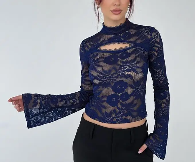 

Top Women 2026 Spring Autumn Solid Color New Fashion Sexy Lace Splicing Hollow Design Slim Fit Mock Neck Flare Long Sleeve Top