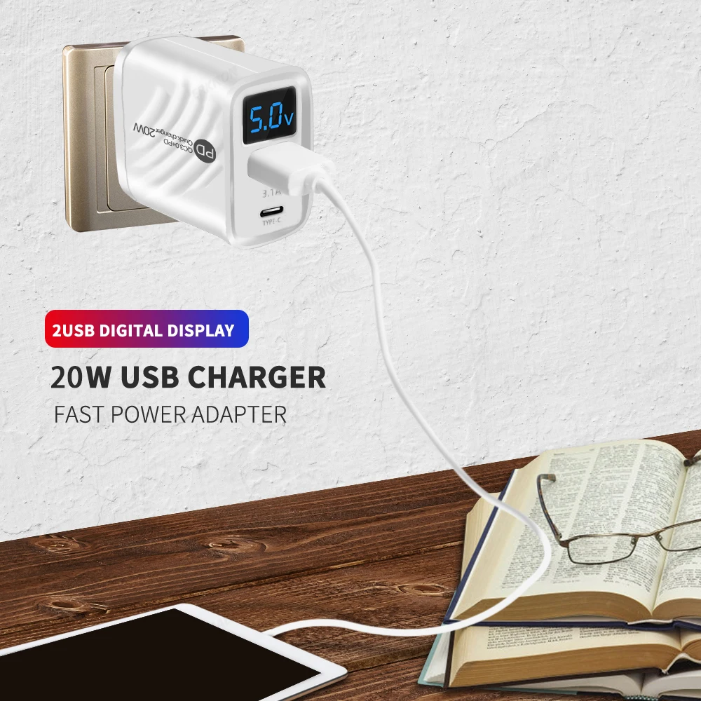 USB Type C Charger 20W PD Fast Charging Digital Display Phone Charge Adapter For iPhone Samsung Xiaomi Quick Charge Wall Charger