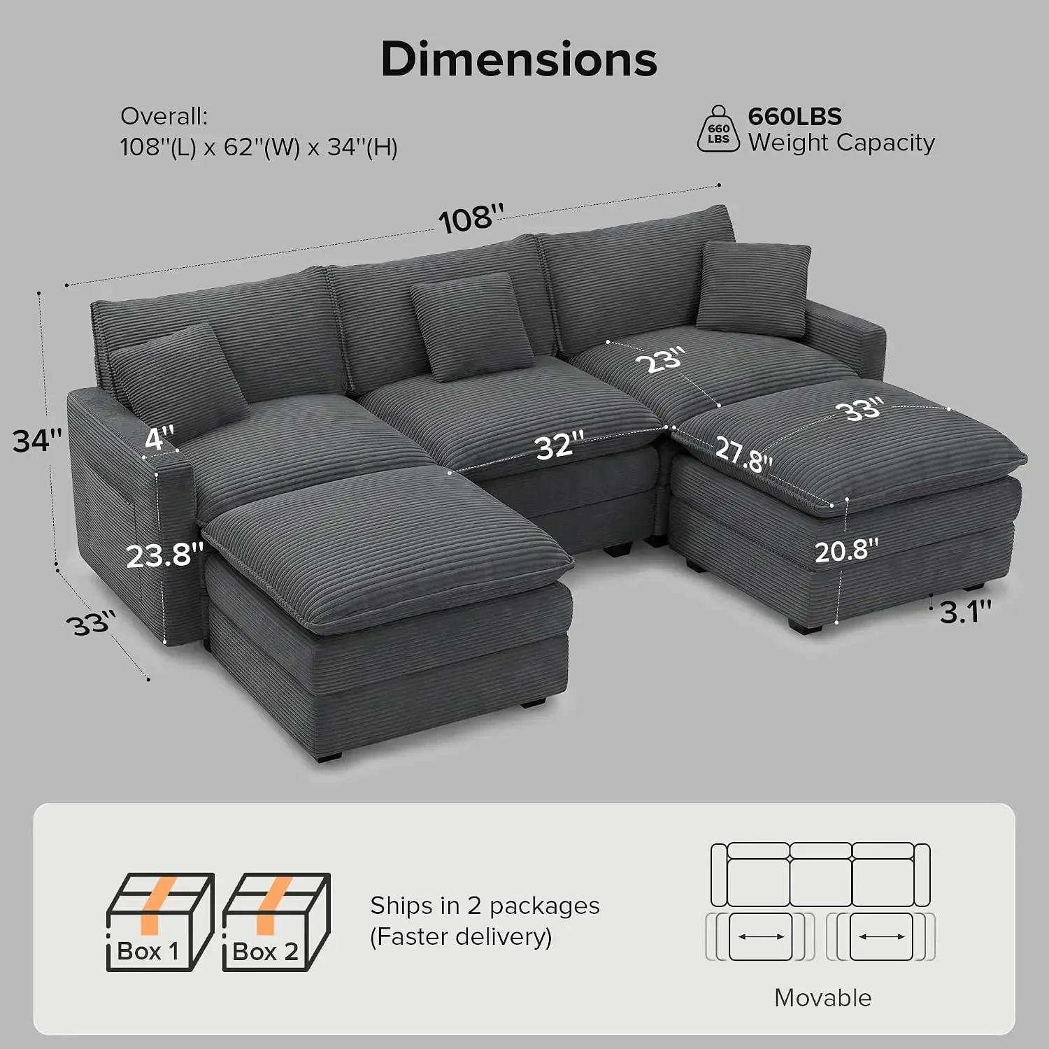 108 Inch Cloud Couch Sectional, U Shaped Modular Sectional Sofa, Customized