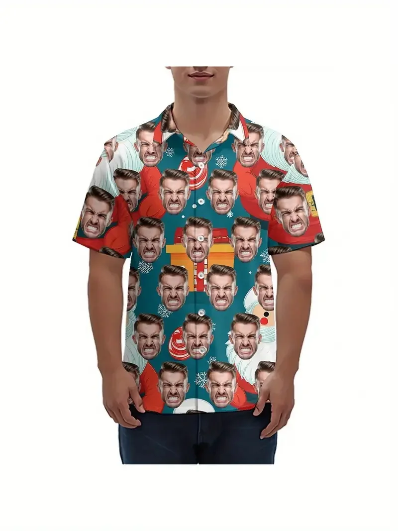 Camisas havaianas com foto personalizada para homens e mulheres, design tropical personalizado de Natal com chapéu de Papai Noel, camisa de praia com botão de rena