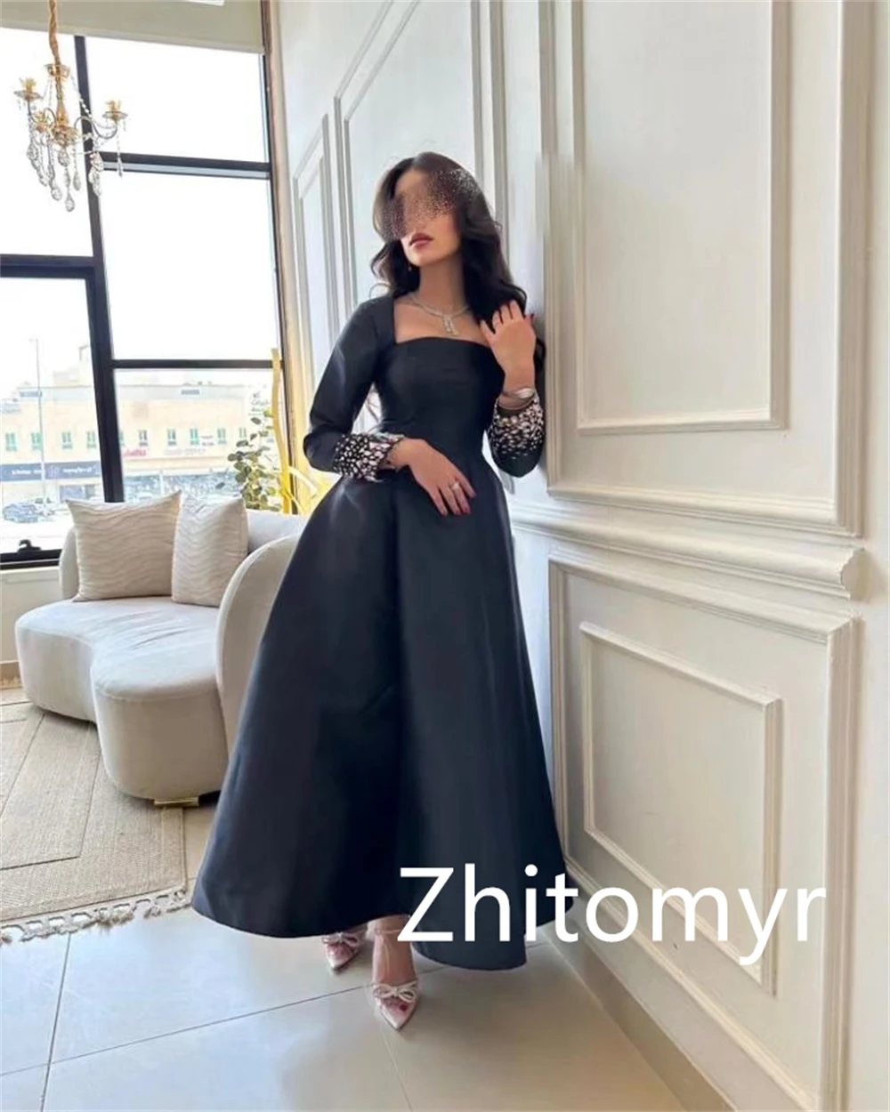 Customized Ball Elegant Simple Square A-line Celebrity Dresses Beaded Skirts Anke Length Satin Evening Vestidos Para Eventos Esp