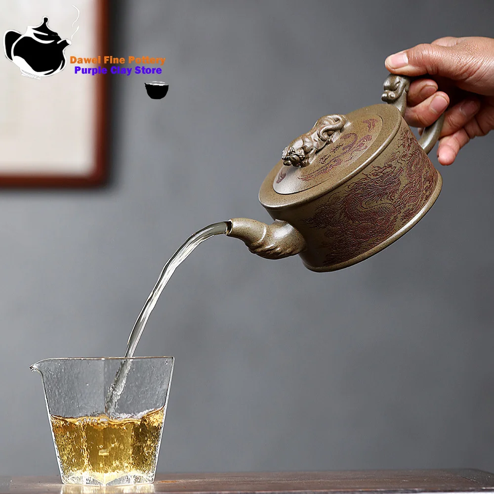 إبريق شاي من الطين الأرجواني من ييشينغ، خام أصلي، ظهر التنين، الطين الأخضر المخفي التنين النمر وعاء التنين المخفي الكونغ فو، طقم شاي صيني