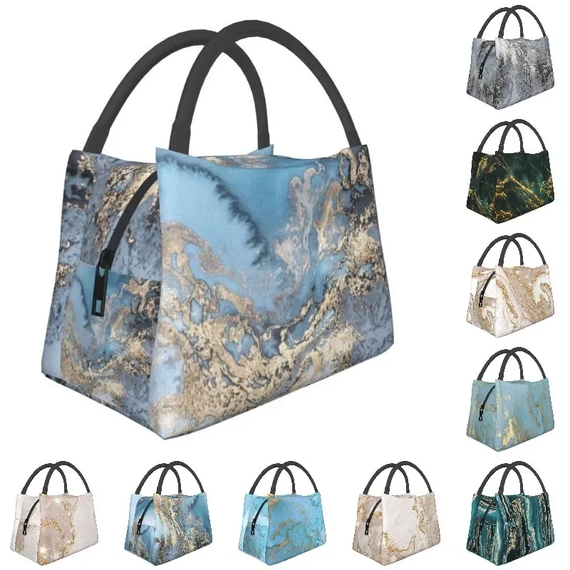 Blue And Gold Marble Texture Insulated Lunch Bags for Women Resuable Geometric Abstract Pattern Thermal Cooler Bento Box