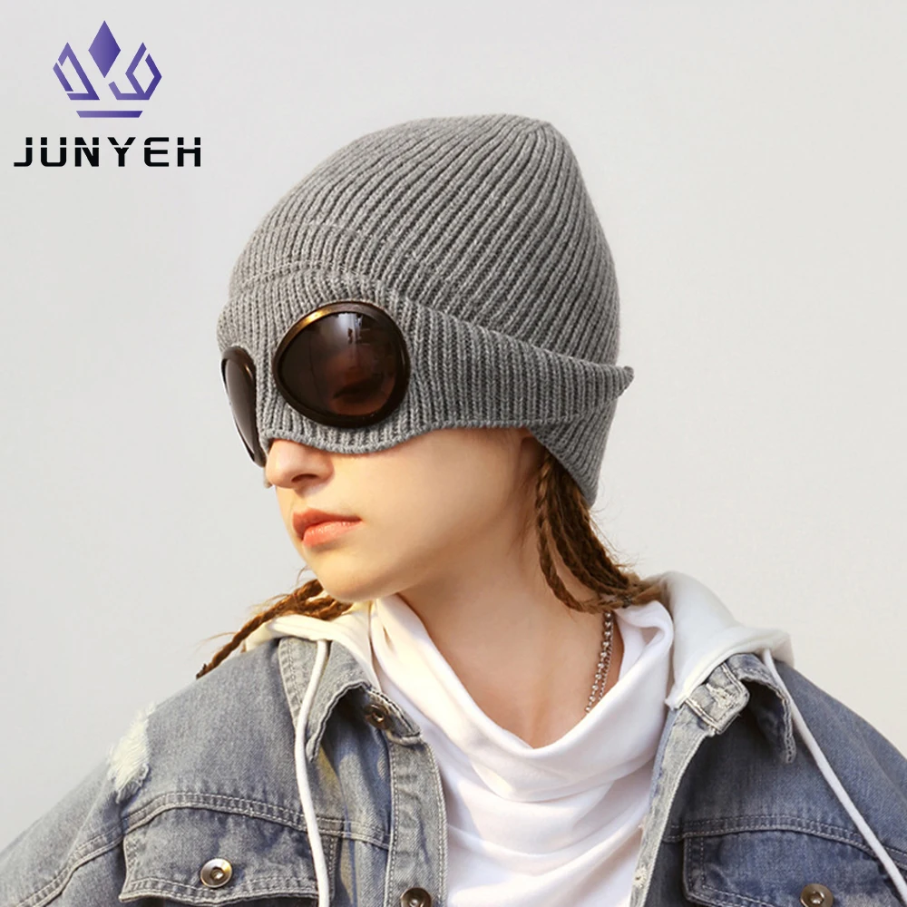 Outdoor Cycling Hats Winter Warm Beanie Hat Women Men Winter Windproof Glasses Knitted Ski Mask Cap