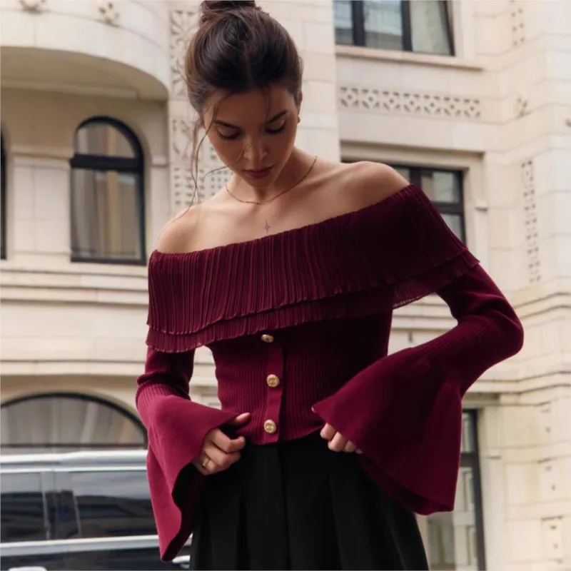 

Elegant Knitted One Word Neck Ruffle Flare Sleeve Button Decorative pullover For Autumn and Winter Women's Fashion solid Sweater