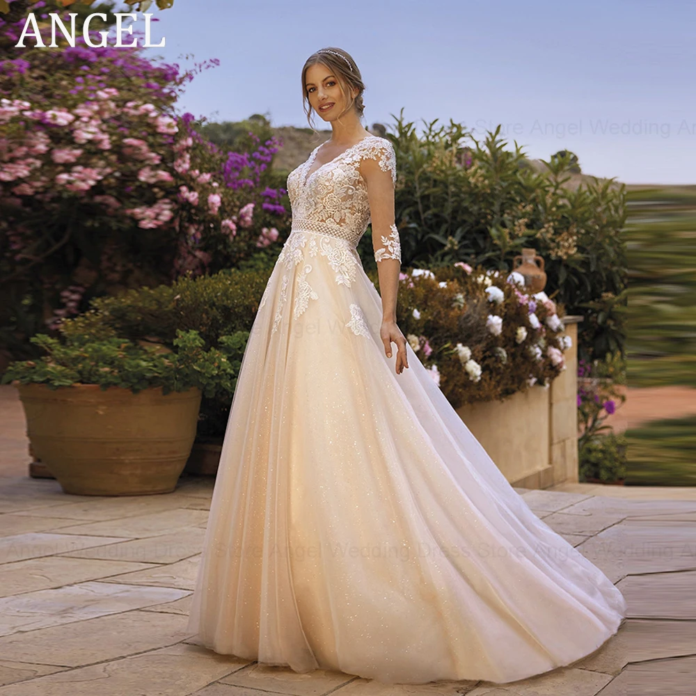 

ANGEL Civil Lace Wedding Dress 2024 Backless 3/4 Sleeves Light Champagne Bride Gowns V-Neck Applique A-Line robe de mariée