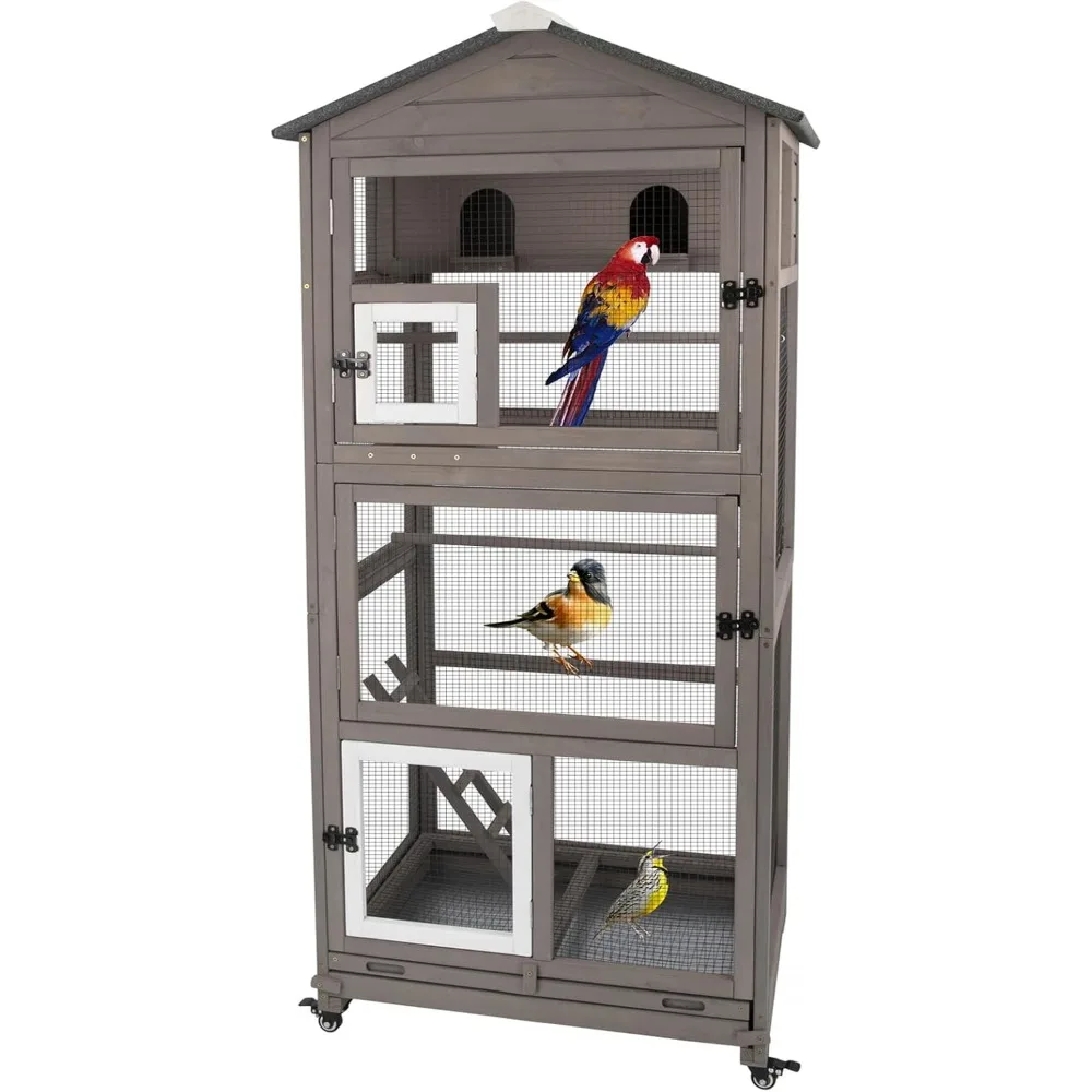 

Large Wooden Flying Bird Cage, Parrot Cage, Pull-out Wire Mesh, Sliding Tray, 2 Perches, Nest House, 4 Wheels