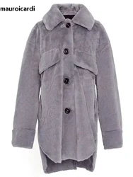 Mauroicardi Autumn Winter Oversized Thick Warm Soft Faux Fur Shirt Women Long Sleeve Loose Casual Soft Fluffy Jacket Coat 2024
