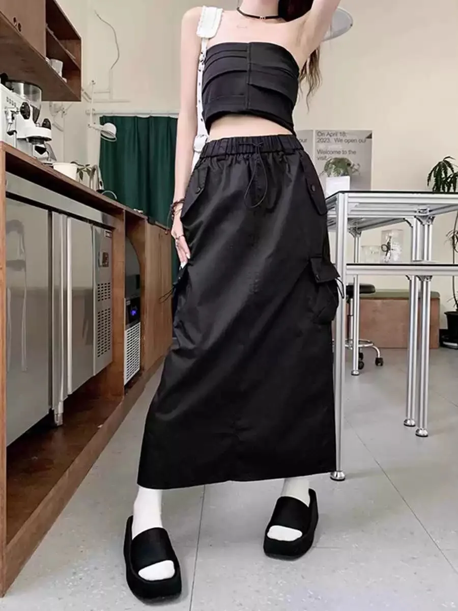 New Cargo Skirts for Women Y2k Long Skirts Elastic Waist Autumn Summer Drawstring Girls Full Length Skirt Black Wholesale