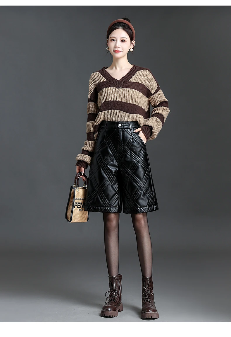 ZUZK Black PU Leather Thick Bermuda Shorts For Women Winter Warm Long Shorts Motorcycle Punk High Waist Bermuda Femme