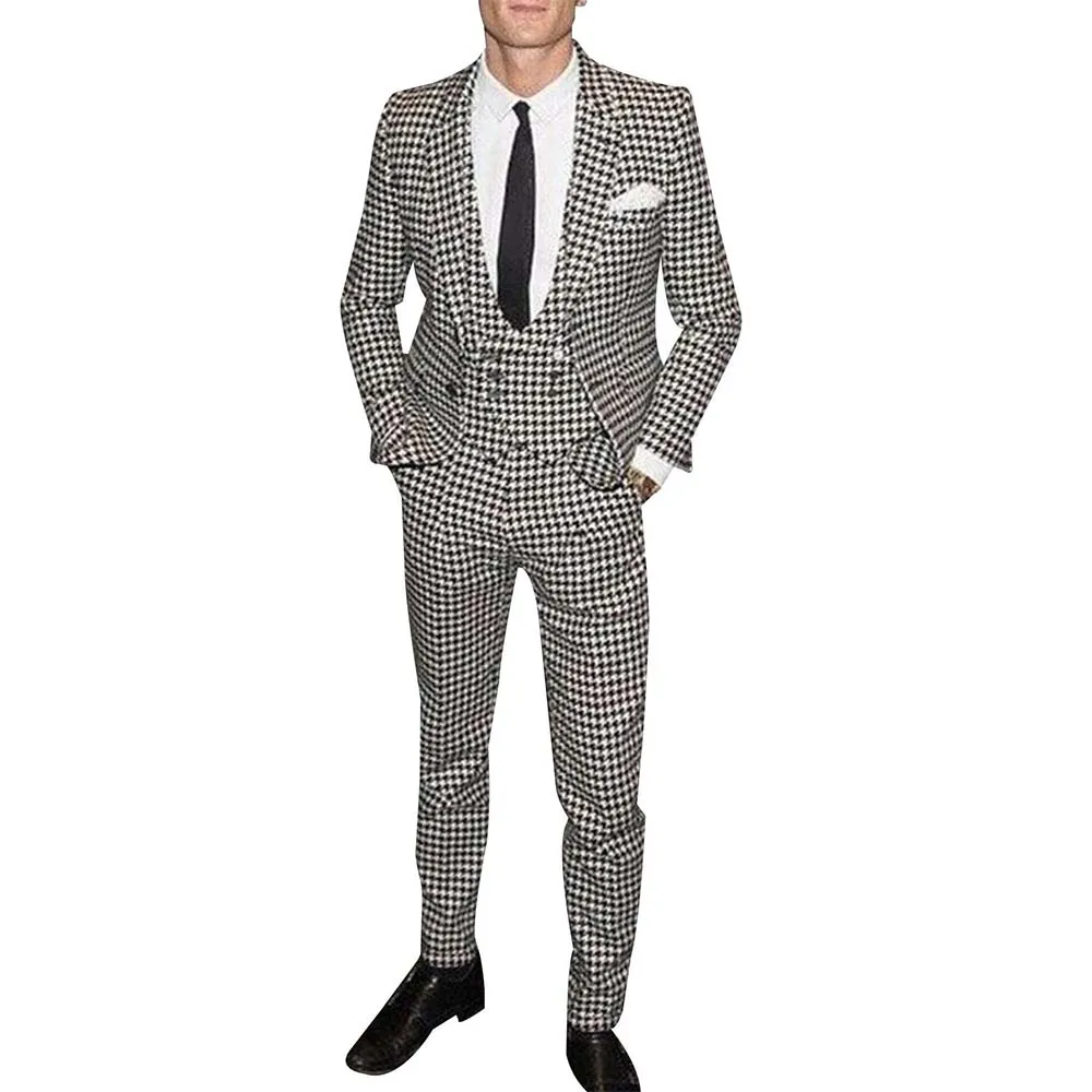 Men Houndstooth 3 Pcs Suit Blazer With Pants Set Suits Business Work Wear Notch Lapel Wedding Formal Tuxedo