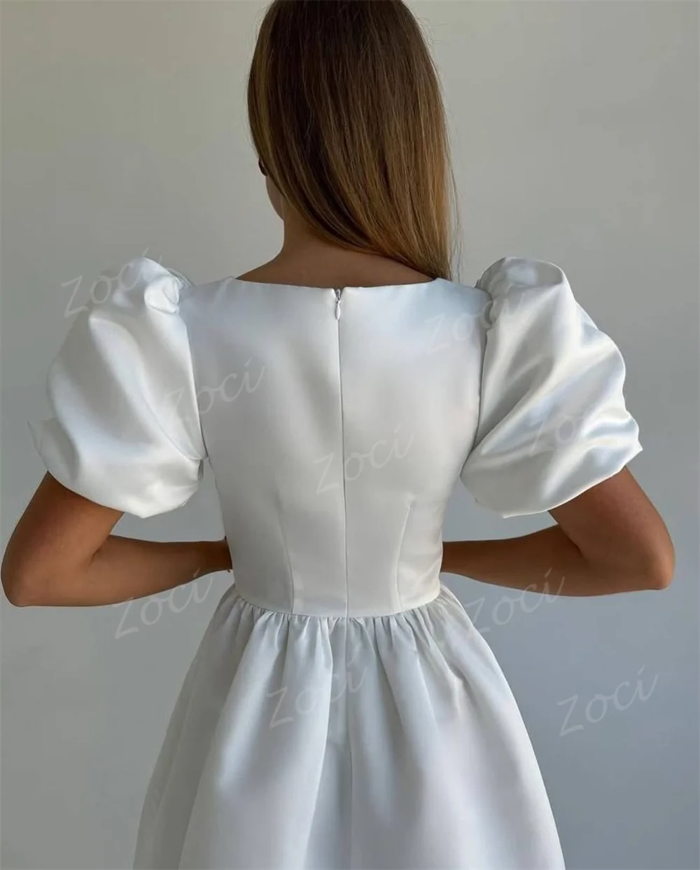 Zoci gola quadrada vestidos de baile curtos cetim uma linha manga curta puff vestido de baile personalizado vestidos de festa para ocasiões especiais