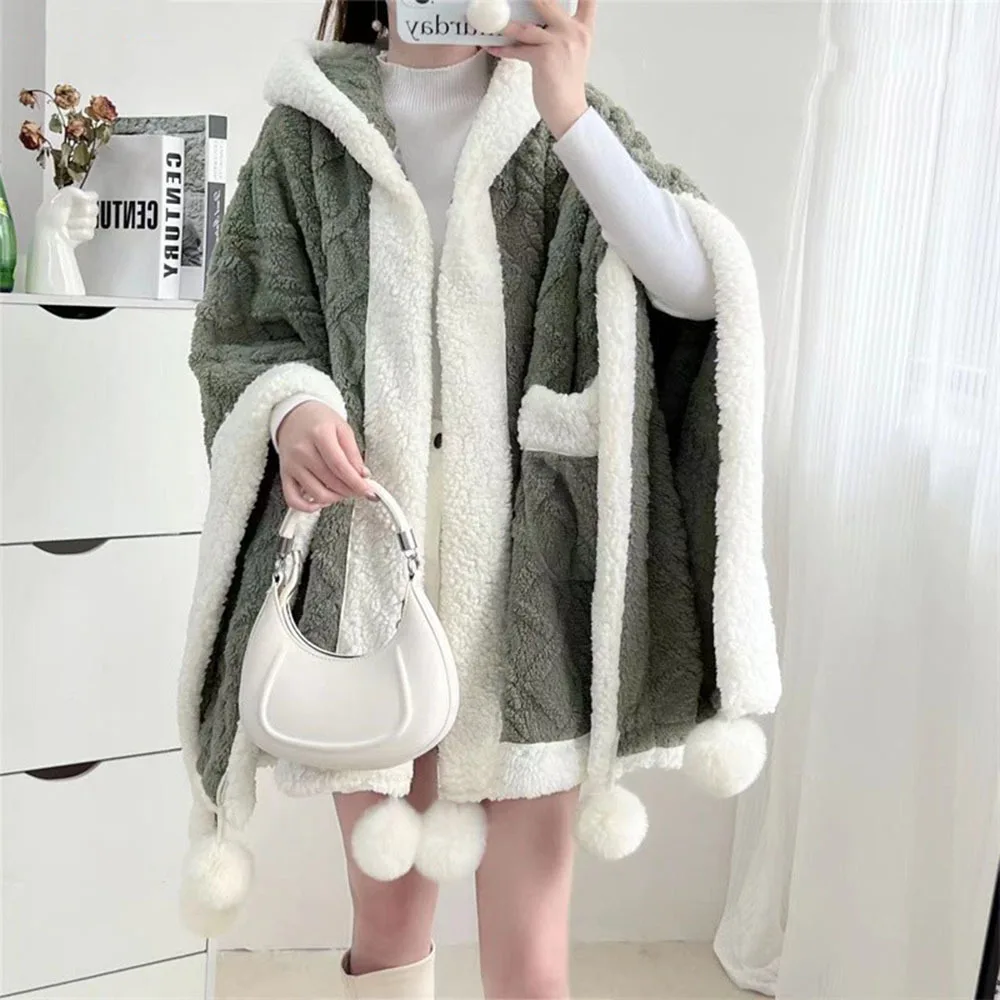 Autumn Winter Thicken Lamb Fleece Shawl Cape Hanging Ball Hooded Warm Poncho Blanket Coral Fleece Office Nap Cold Cloak Coat