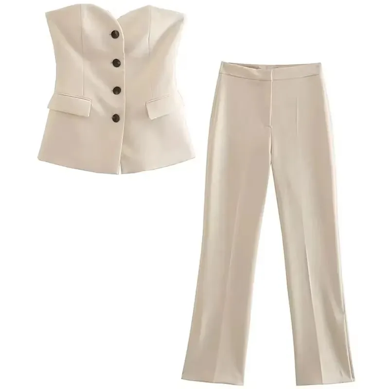 HH-Conjunto de pantalones para mujer, camiseta sin mangas ajustada sin tirantes con una hilera de botones, color Beige, pantalones rectos de cintura alta, traje de oficina para mujer