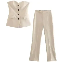 HH Pant Sets For Women Fashion Beige Single Breasted Strapless Slim Tank Top Vest High Waist Straight Pants Office Lady Suit