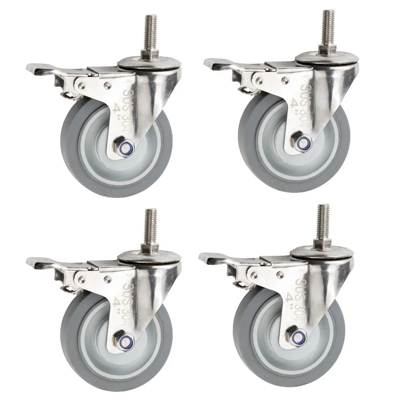 4pcs 3inch medium304 stainless steel TPR Casters mute no rust rigid swivel brake wheel double bearing Industrial casters