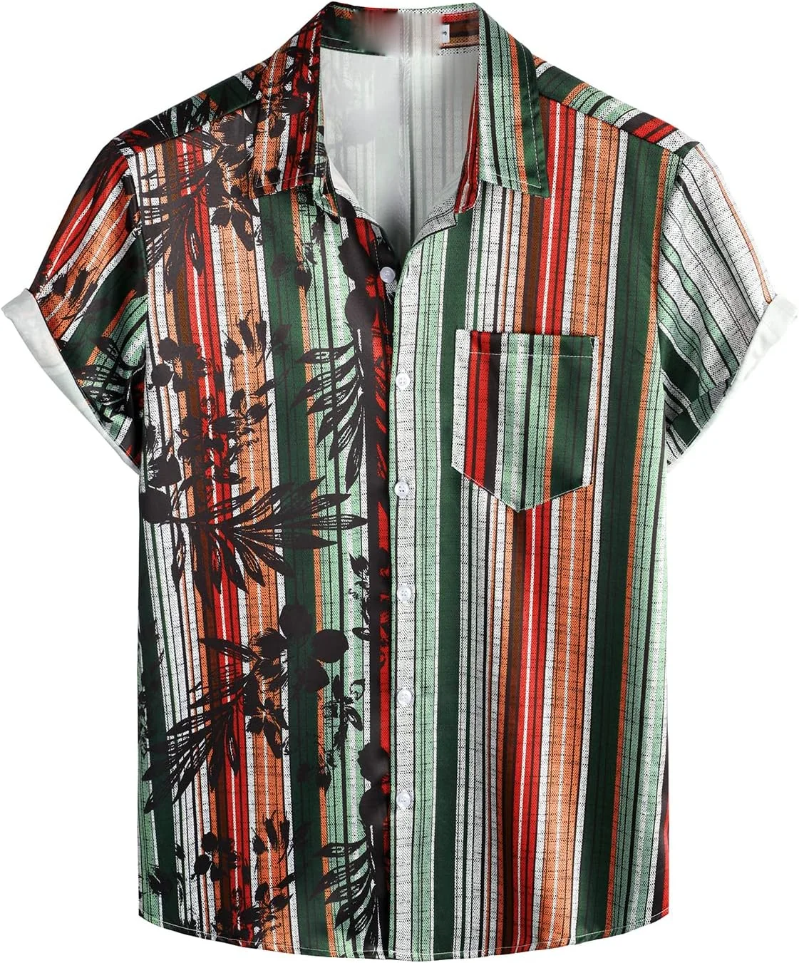 Men's summer thin cool short-sleeved lapel shirt striped bamboo printed shirt Hawaiian vacation outdoor hiking top outer wear