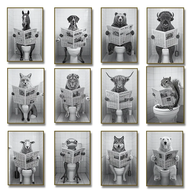 Multiple sizes 1pc frameless Canvas Painting Funny Animal Sitting on Toilet Poster Wolf Panda Raccoon Otter Zebra Lion Bear Frog