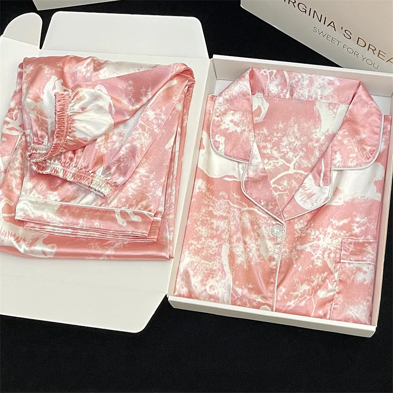 2026 Spring Autumn New Lapel Cardigan Lounge Sets Womens 2 Piece Ice Silk Sleep Wear Women Senior Printing Home Pajama Suit