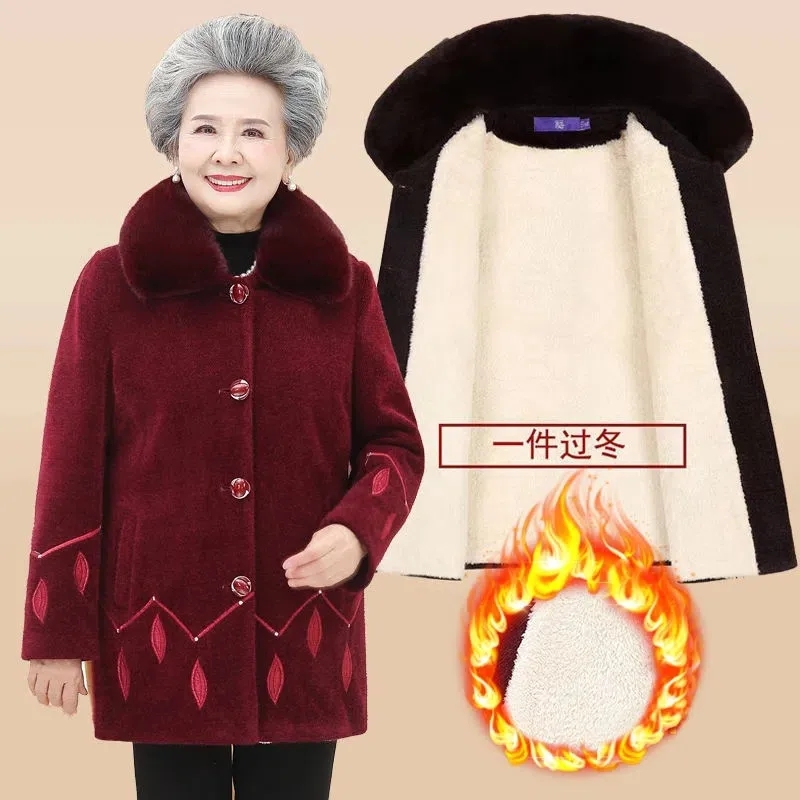 

Old People Winter Woolen Jacket Long Coat 5XL Women Warm Outerwear Grandma Thick Imitation Mink Velvet Wool Coats Elderly Parkas