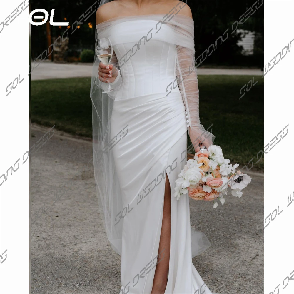 SOL Simple Long Sleeves Off The Shoulder Side Slit Wedding Dresses Elegant Backless Mermaid Bridal Gowns Sexy Vestidos De Novia