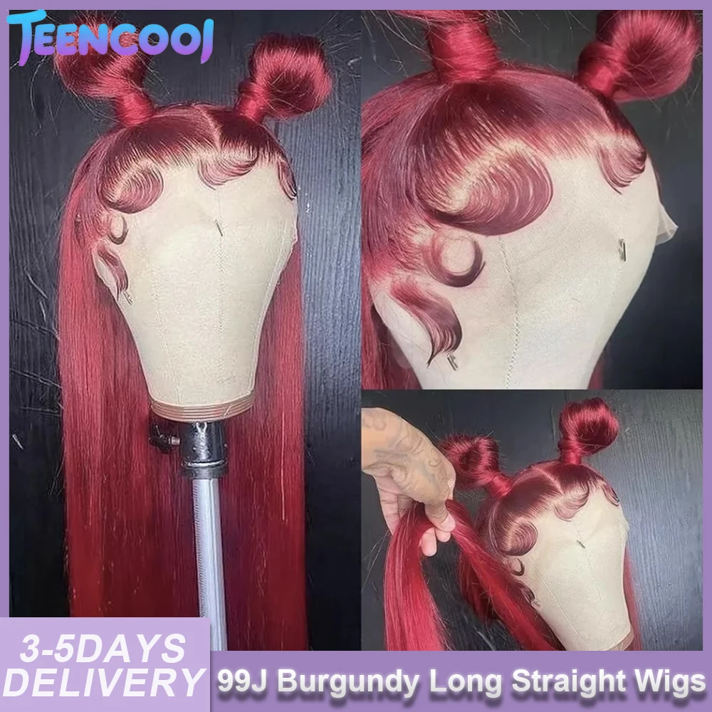 

200 Density 99J Colored Burgundy 13x6 HD Transparent Lace Frontal Wig Straight Wig 13x4 Lace Front Human Hair Wigs For Women